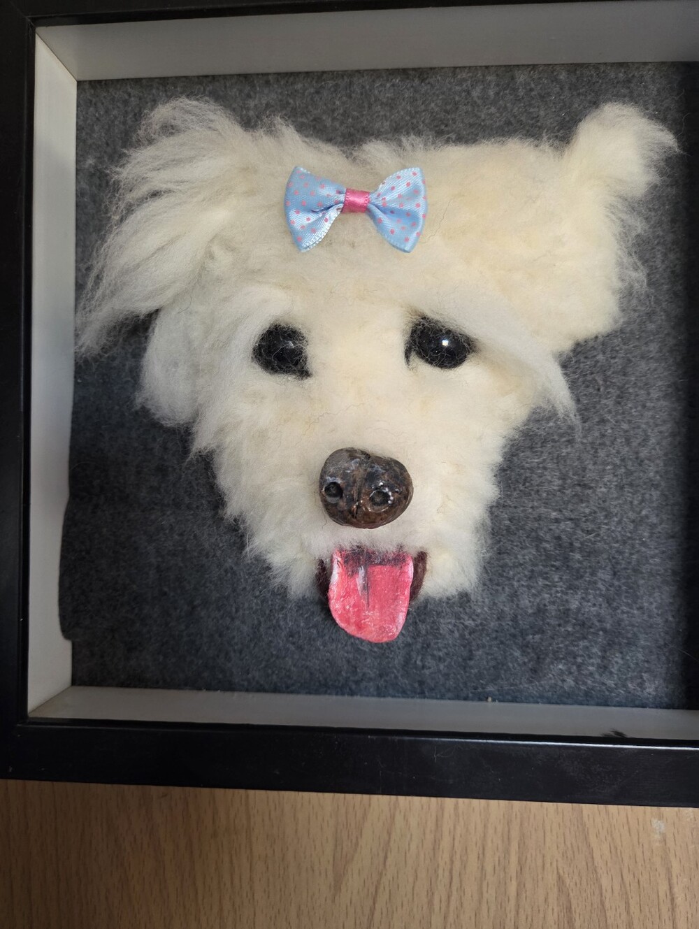 Handmade Needle Felted  Dog Face Wall Art with Blue Polka-Dot Bow